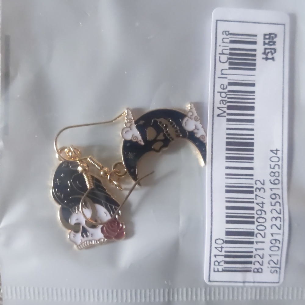 Moon & Skull Charm Drop Earrings